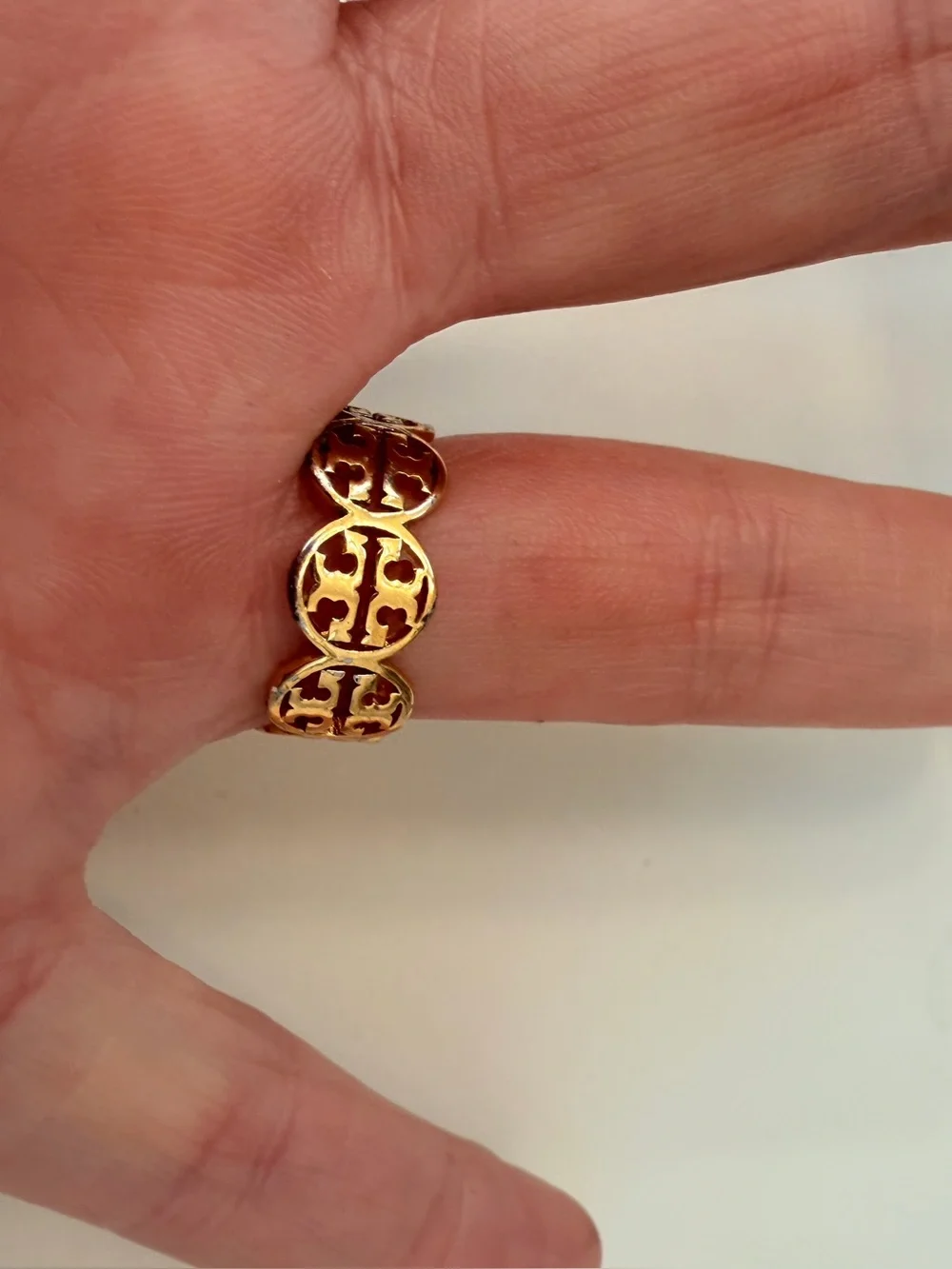 Tory Burch Gold Tone Logo Openwork Band Ring, Size 8